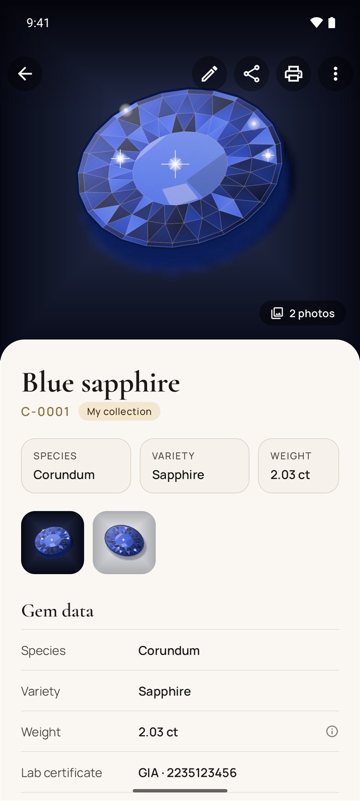 Stone page for a blue sapphire with its gem data