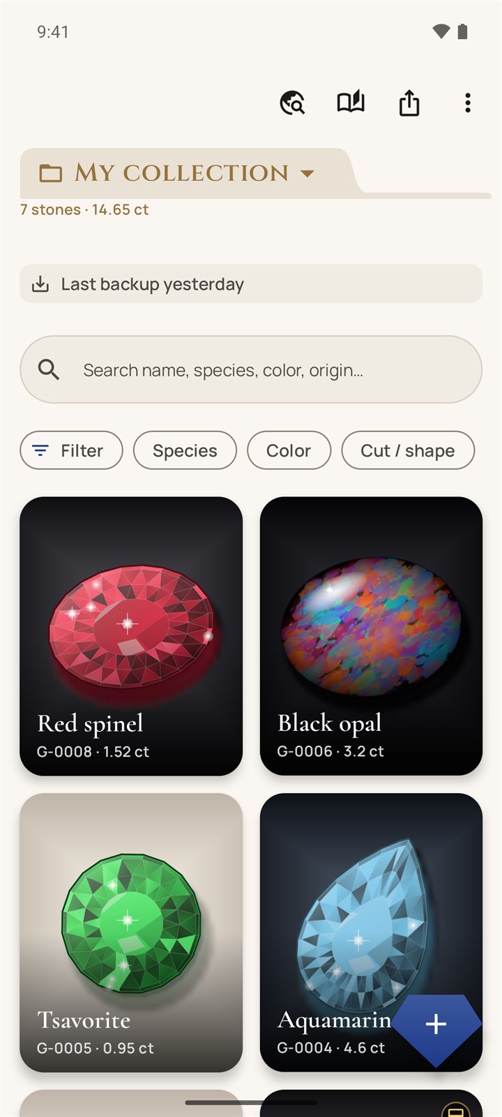 Collection screen showing gemstones in a grid