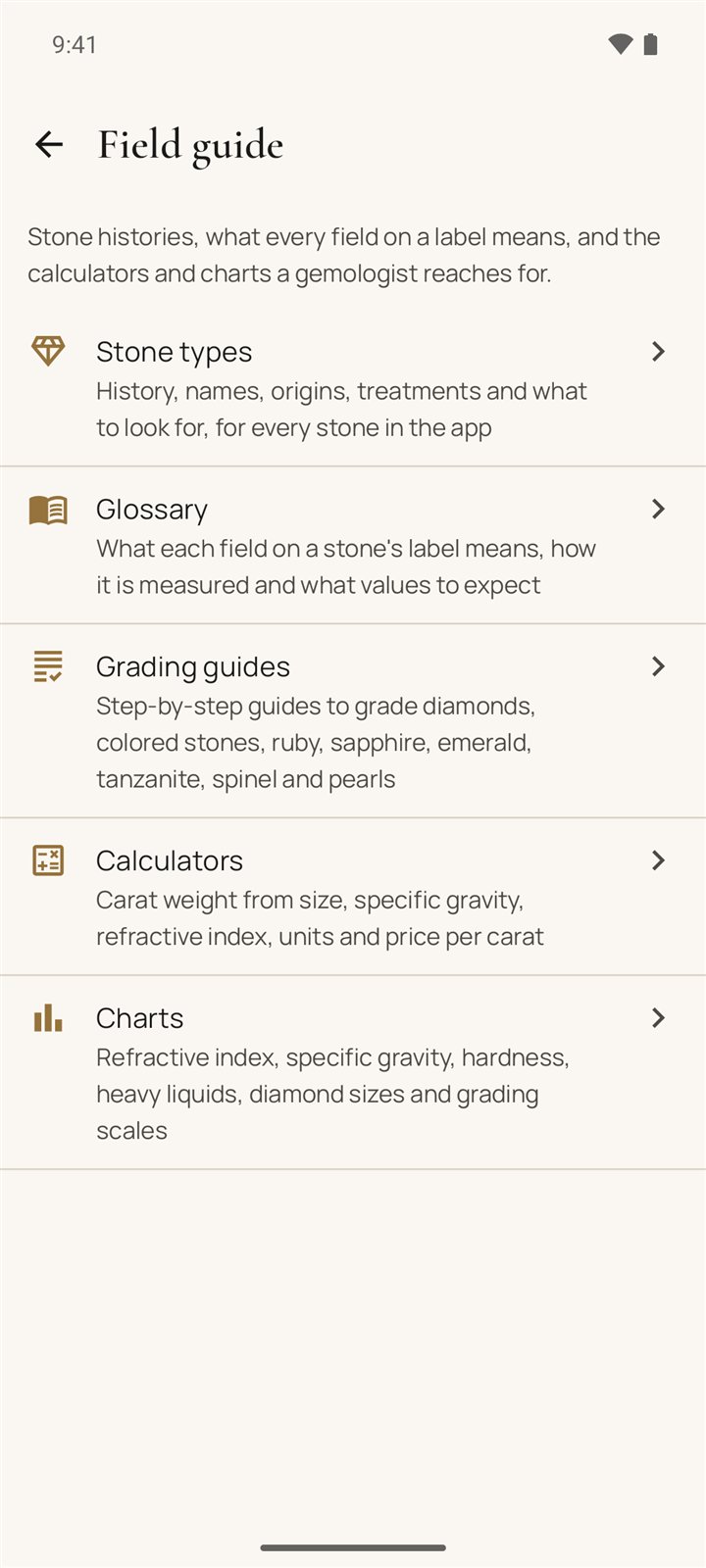 Field guide with stone types, glossary, grading guides, calculators and charts