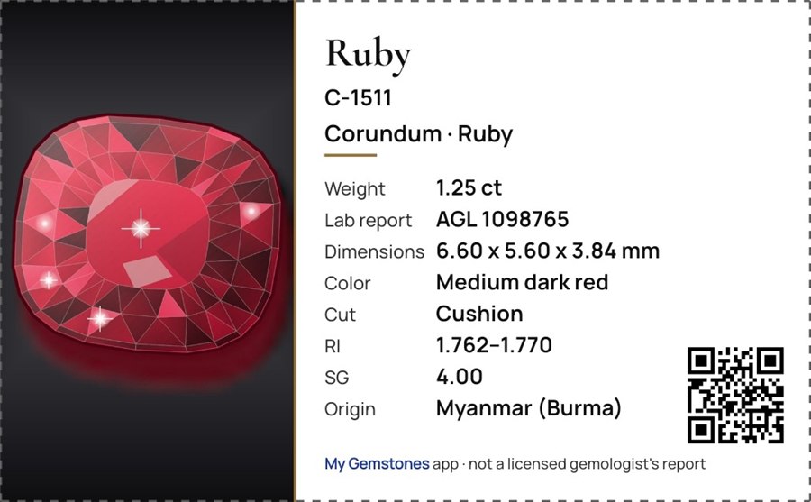Printed card for a ruby with its details and a QR code