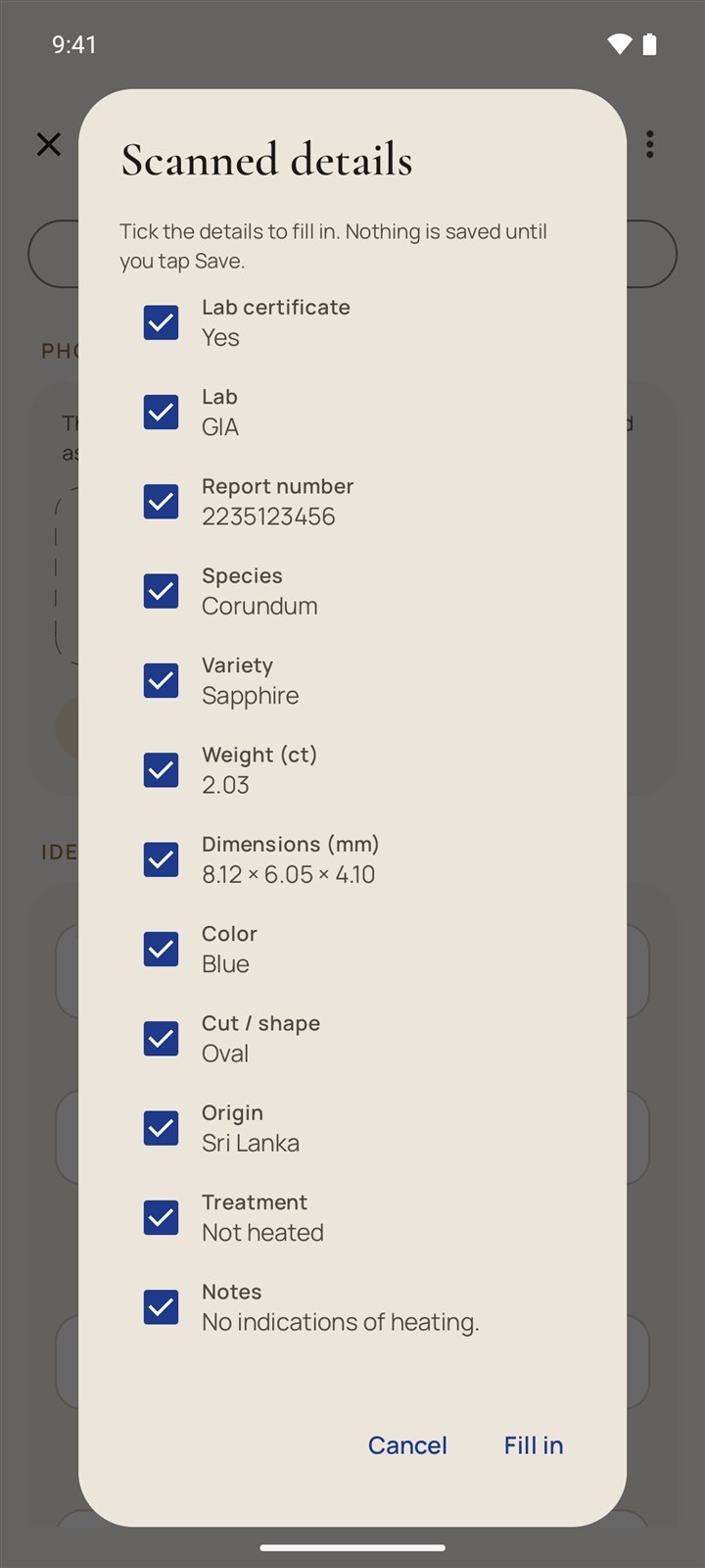 Details read from a lab certificate, ready to fill in